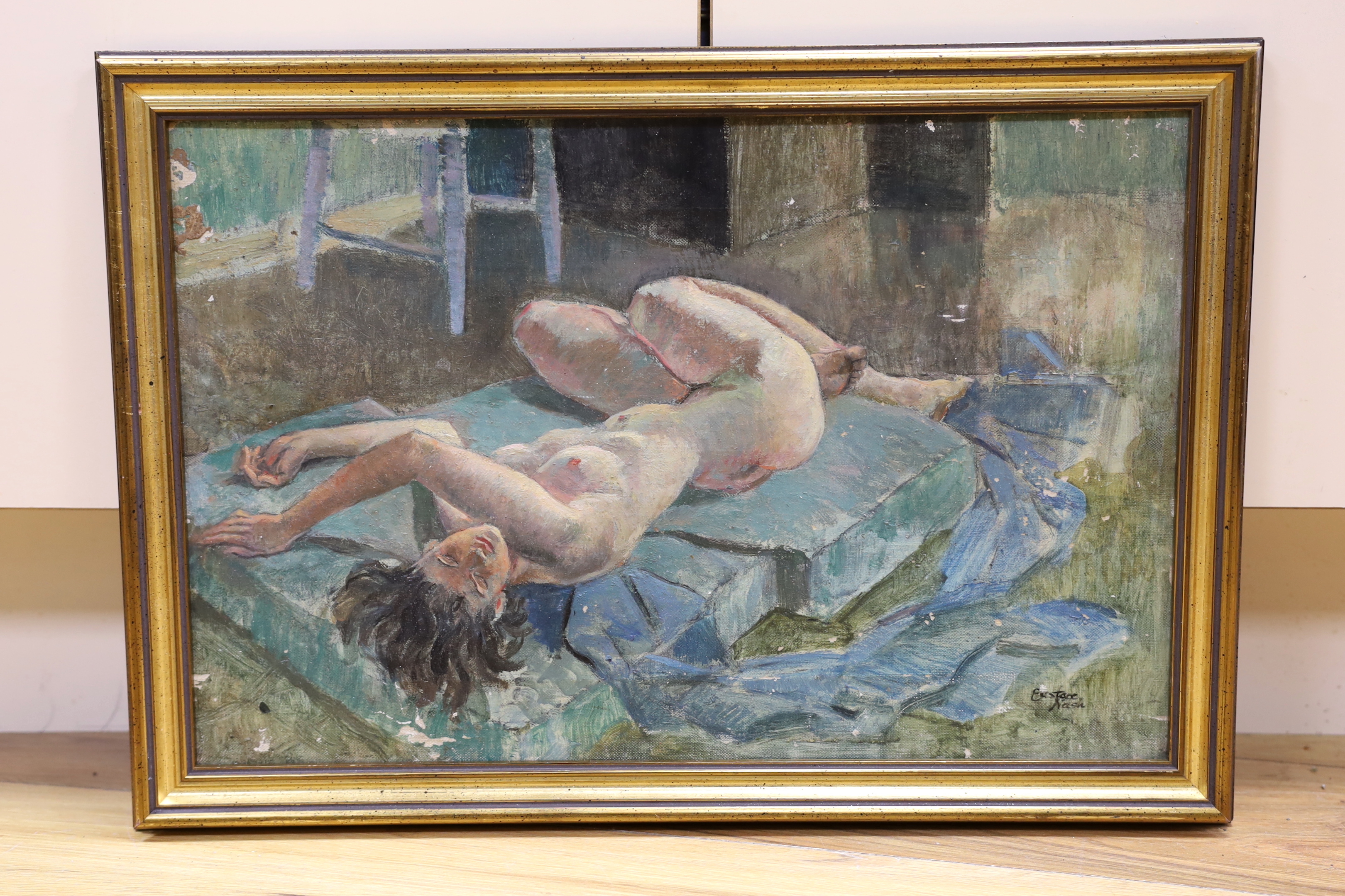 Eustace Pain Elliott Nash (1886-1969), oil on canvas, Recumbent nude, signed with label verso, 30 x 46cm